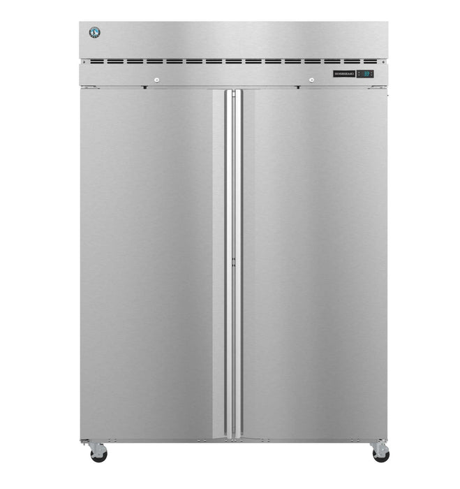 Hoshizaki F2A-FS two-section upright freezer with stainless steel doors and lock.