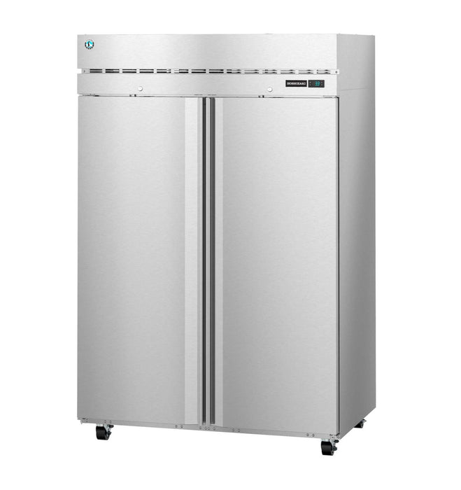 Hoshizaki F2A-FSN two section stainless steel upright freezer with lockable doors.