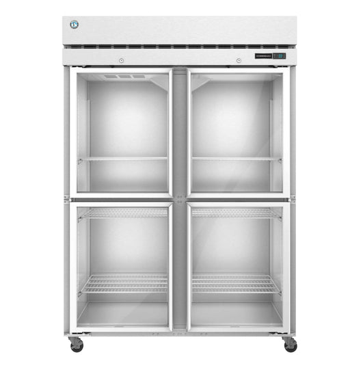 Hoshizaki F2A-HG freezer with two-section upright, half glass doors and lock.