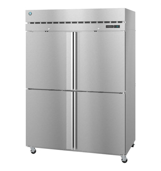 Hoshizaki F2A-HS two section upright freezer with half stainless doors and lock.