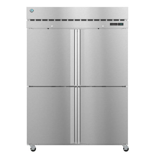 Commercial upright freezer, Hoshizaki F2A-HS, two-section, half stainless steel doors, temperature control, LED display.