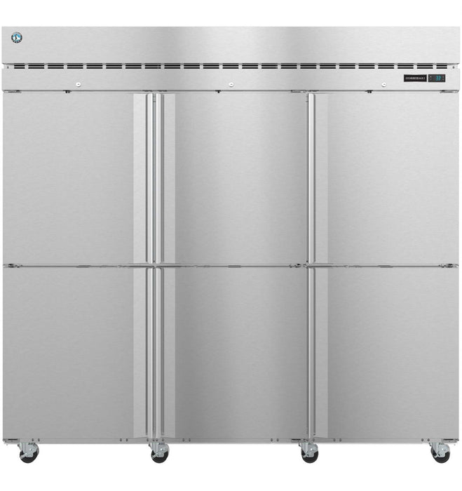 Hoshizaki F3A-HS upright three-section freezer with half stainless doors, designed for hot kitchens.