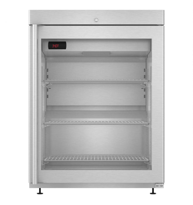 Hoshizaki HR24C-G undercounter single section refrigerator with glass door and stainless steel exterior.