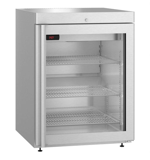 Single section undercounter refrigerator with glass door and three adjustable shelves.