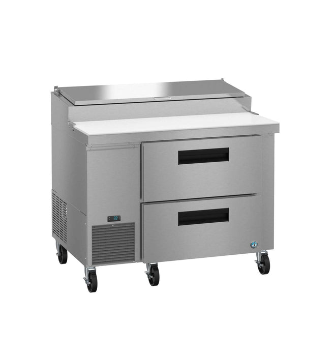 Hoshizaki PR46B-D2 single section pizza prep table with stainless drawers and refrigerator.