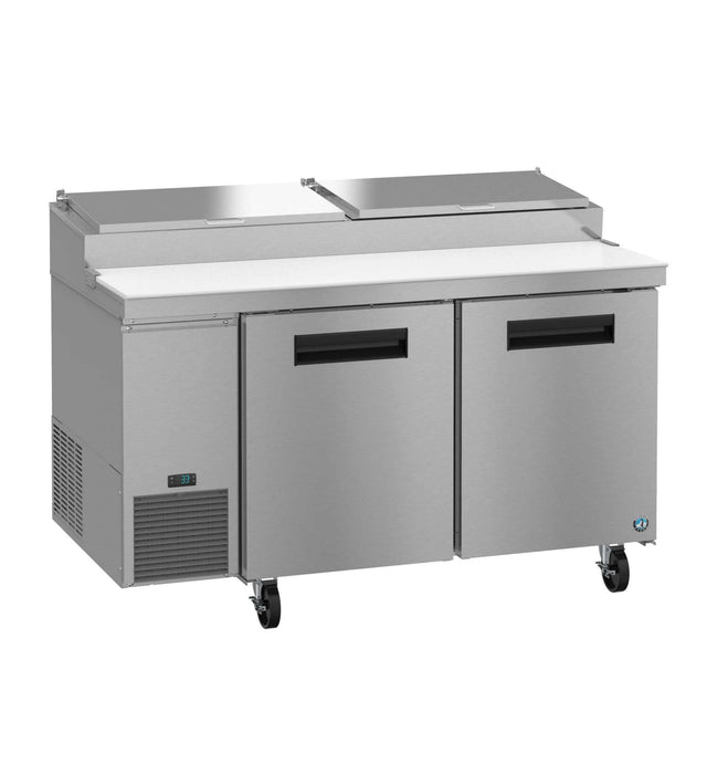 Hoshizaki PR60B two-section pizza prep table with stainless doors.