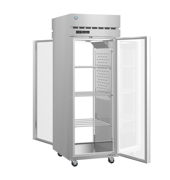 Hoshizaki PT1A-FG-FG single section refrigerator with glass doors and stainless steel construction.