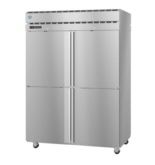 Hoshizaki refrigerator PT2A-HS-HS, two-section pass-thru upright with half stainless doors, on casters.