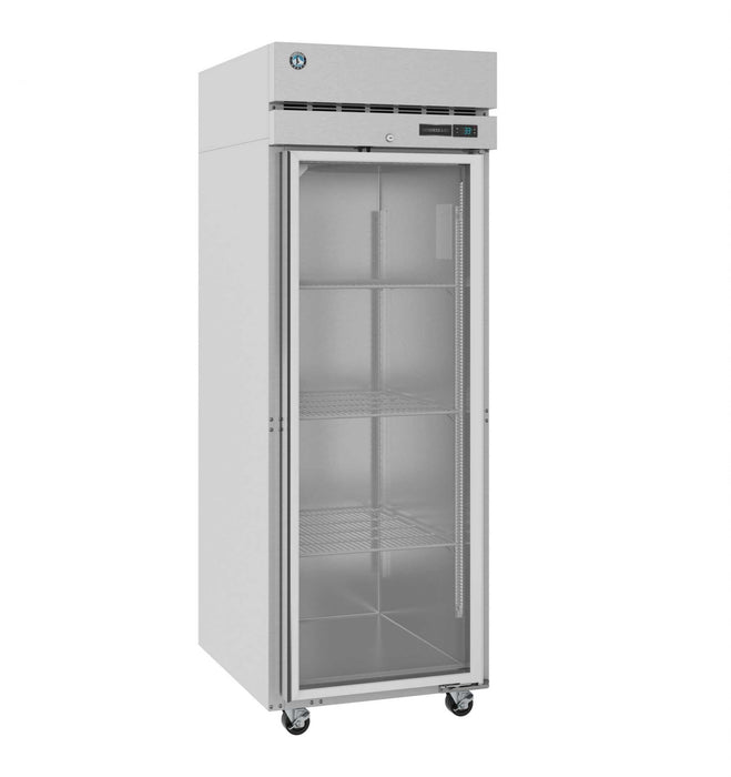 Hoshizaki R1A-FG single section upright refrigerator with full glass door and lock.