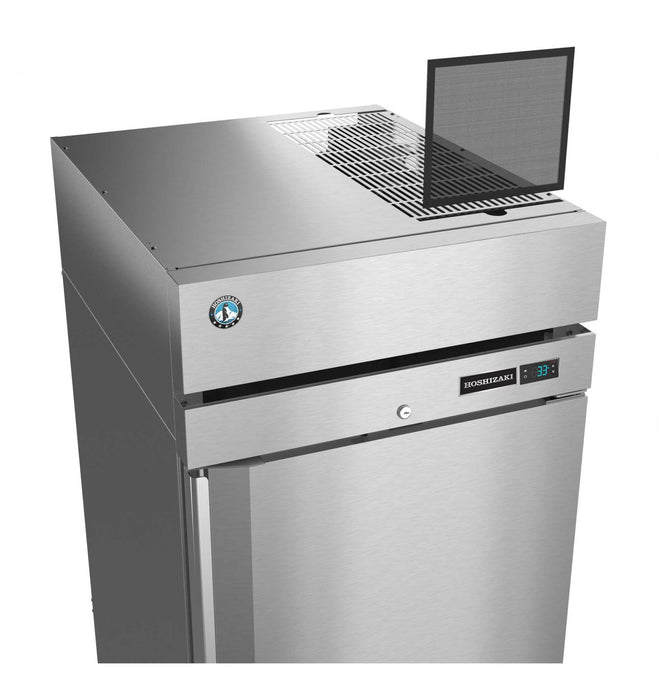 Hoshizaki R1A-FS stainless steel upright refrigerator with digital display and lock.