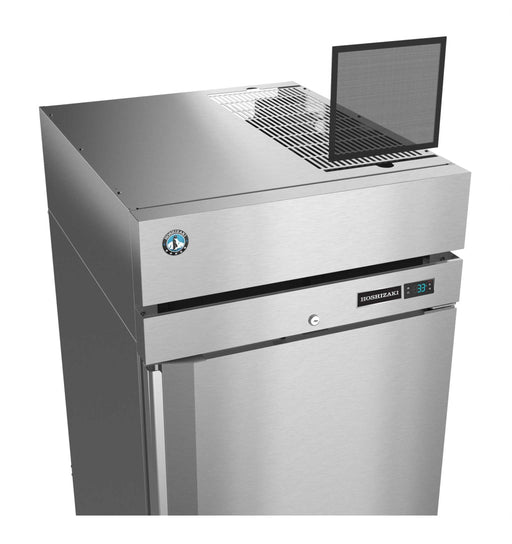 Hoshizaki R1A-HG single section upright refrigerator with stainless steel door and lock.