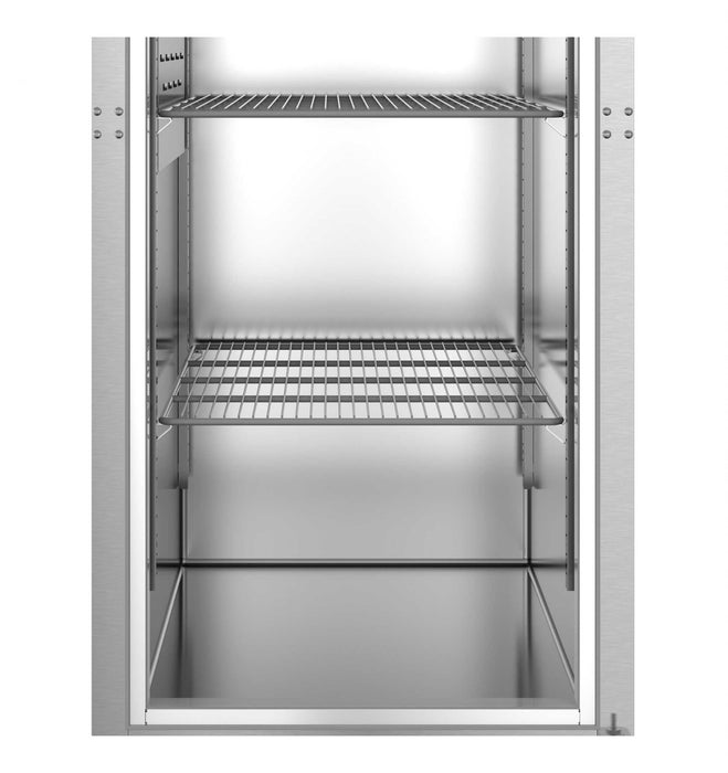 Hoshizaki F1A-FS single section upright freezer with full stainless steel door, interior view with adjustable wire shelves.