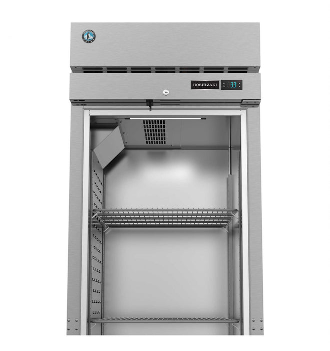 Hoshizaki F1A-FSL single-section upright freezer with full stainless door and lock, featuring interior shelves and digital controller.