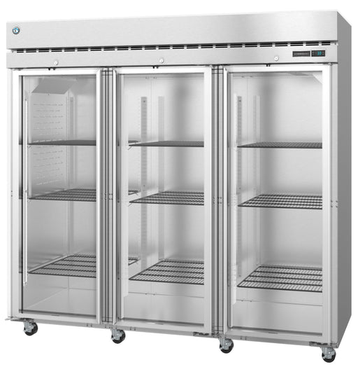 Hoshizaki Refrigerator R3A-FG with three full glass doors, stainless steel build, interior LED light, and lock feature.