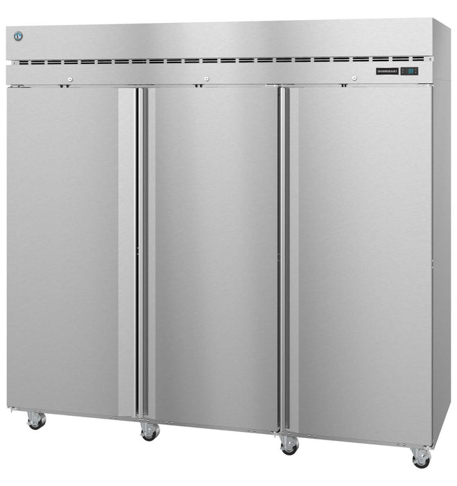 Hoshizaki R3A-FS three-section stainless steel upright refrigerator with lock, LED display, and casters.