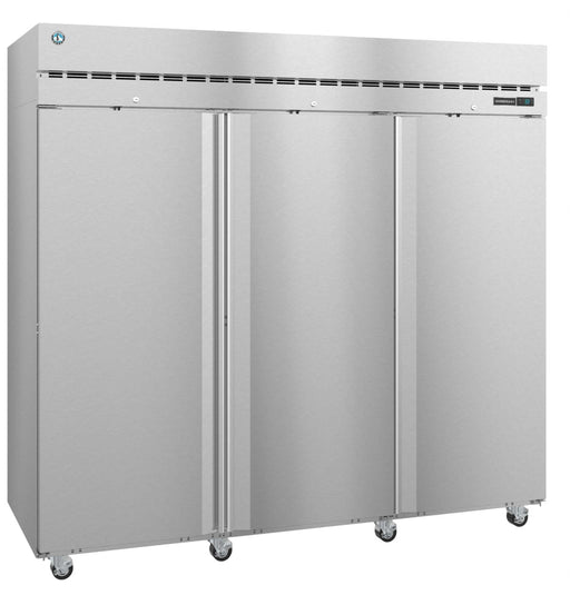 Hoshizaki R3A-FS, three-section upright refrigerator with stainless steel doors and lock.