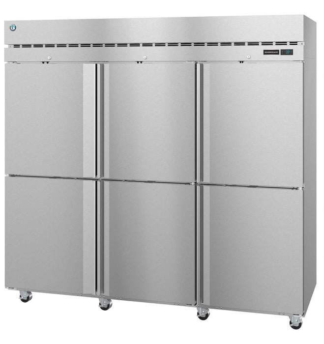 Hoshizaki R3A-HS three-section upright refrigerator with half stainless doors and lock.