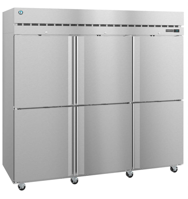 Hoshizaki R3A-HS three-section upright refrigerator with half stainless steel doors and lock.