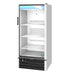 Hoshizaki RM-10-HC single section glass door refrigerator merchandiser with shelves.