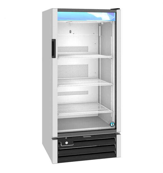 Hoshizaki RM-10-HC single section glass door refrigerator merchandiser with five shelves.