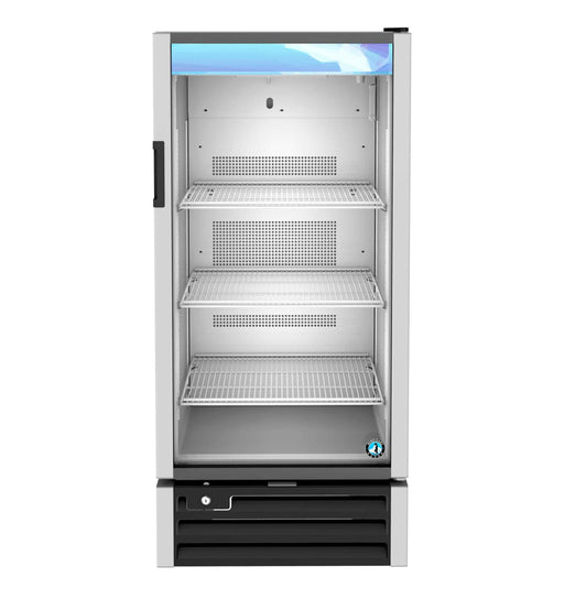 Hoshizaki RM-10-HC single section glass door refrigerator, front view, with shelves.