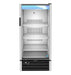 Hoshizaki RM-10-HC single section glass door refrigerator, front view, with shelves.