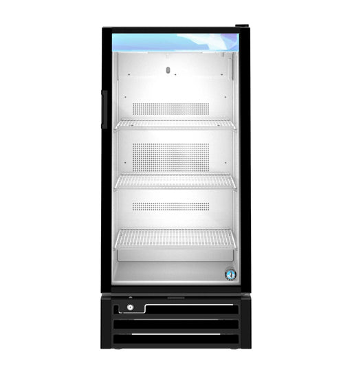 Hoshizaki RM-10-HC-BLK single section glass door refrigerator with interior shelves and LED lighting.