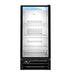 Hoshizaki RM-10-HC-BLK single section glass door refrigerator with interior shelves and LED lighting.