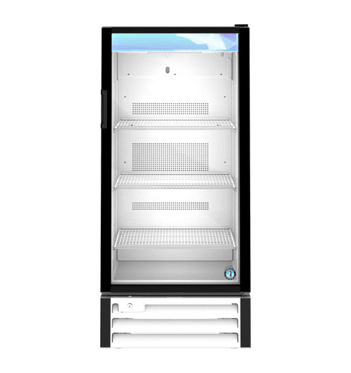 Hoshizaki RM-10-HC-WHT single section glass door refrigerator merchandiser with shelves.