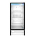 Hoshizaki RM-10-HC-WHT single section glass door refrigerator merchandiser with shelves.