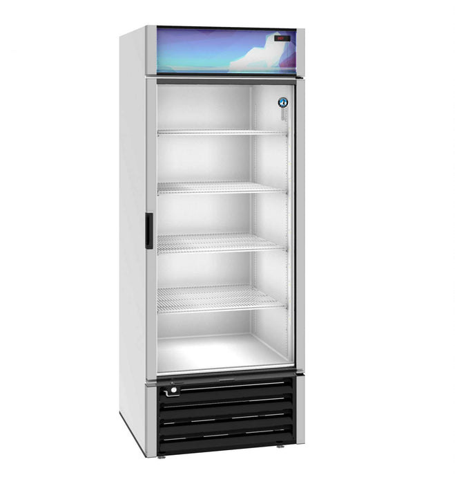 Hoshizaki RM-26-HC refrigerator with single section glass door, featuring white interior and energy-efficient LED lighting.