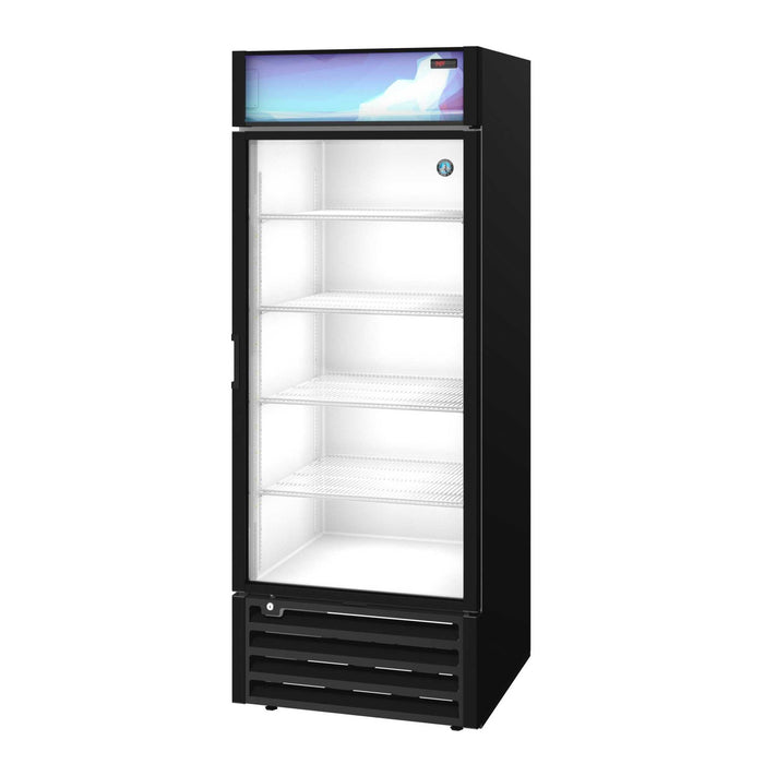 Hoshizaki RM-26-HC-BLK refrigerator with single section glass door and black exterior.