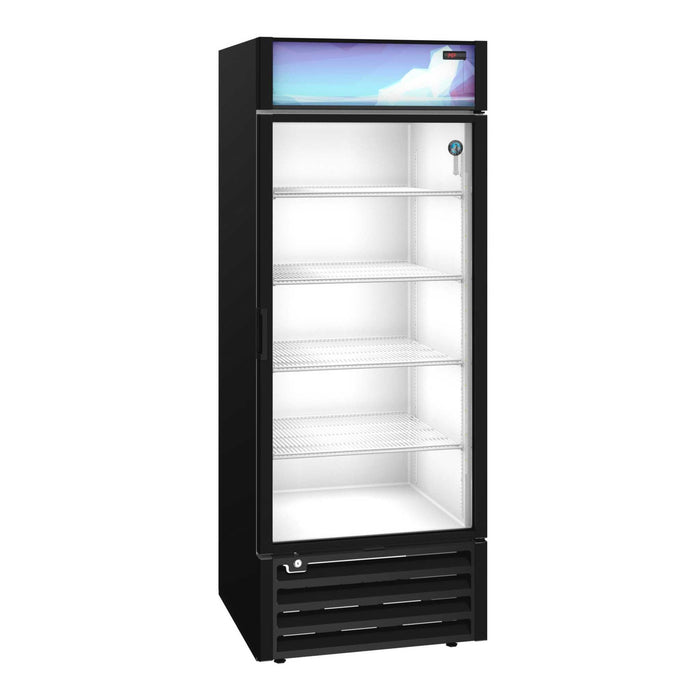 Hoshizaki RM-26-HC-BLK single section glass door merchandiser refrigerator with black aluminum exterior and energy-efficient LED lights.