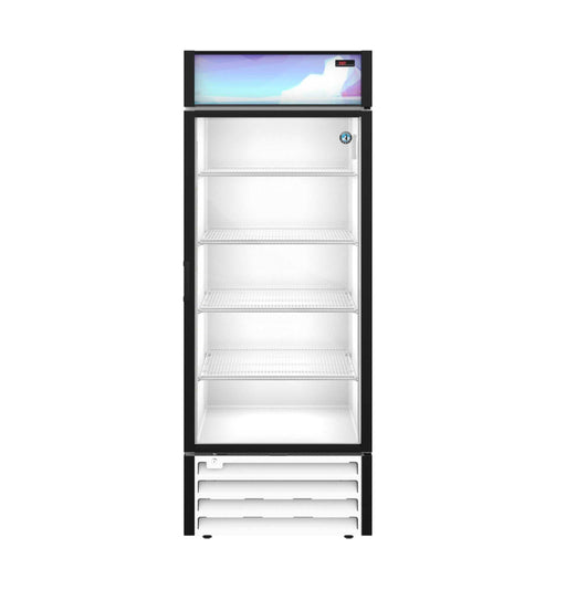 Hoshizaki RM-26-HC-WHT refrigerator with single section glass door merchandiser, featuring energy-efficient LED lighting and adjustable white epoxy shelves.