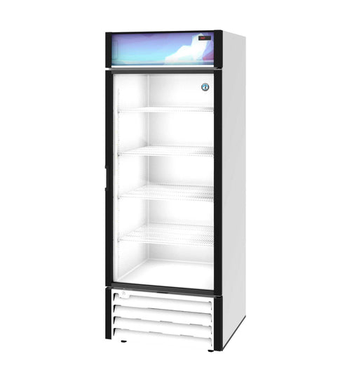 Hoshizaki RM-26-HC-WHT single section glass door merchandiser refrigerator with white exterior.