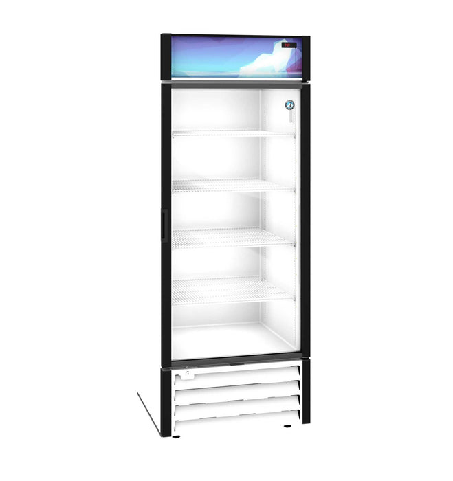 Hoshizaki RM-26-HC-WHT, single-section glass door merchandiser refrigerator with white exterior and interior, LED lighting, and wire shelves.