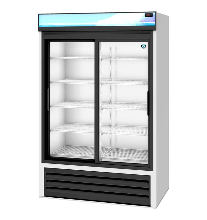 Hoshizaki RM-45-SD-HC two-section glass door merchandiser refrigerator.