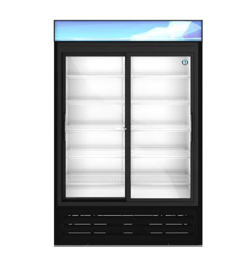 Hoshizaki RM-45-SD-HC-BLK refrigerator, two-section glass door merchandiser with black exterior and LED lights.