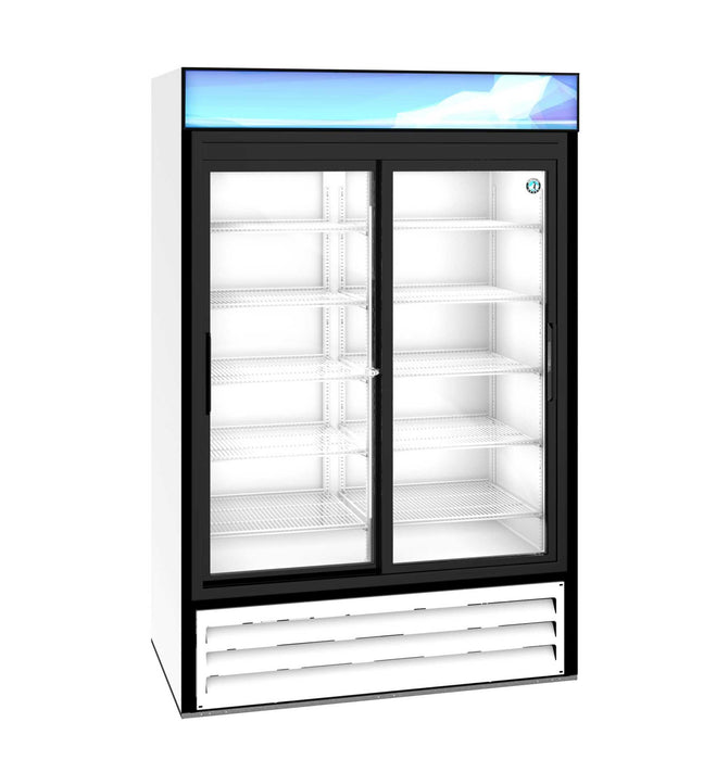 Hoshizaki RM-45-SD-HC-WHT two-section glass door refrigerator and merchandiser with white exterior and energy-efficient design.