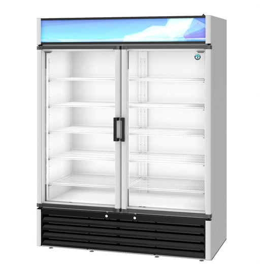 Hoshizaki RM-49-HC refrigerator with two-section glass doors, energy-efficient LED lights, and ample display space.