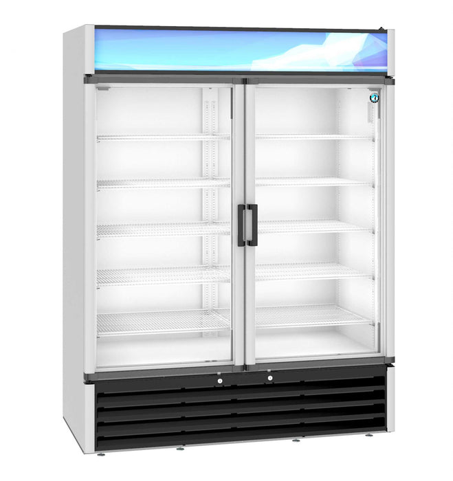 Hoshizaki RM-49-HC two-section glass door refrigerator merchandiser with LED lighting and wire shelves.