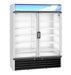 Hoshizaki RM-49-HC two-section glass door refrigerator merchandiser with LED lighting and wire shelves.