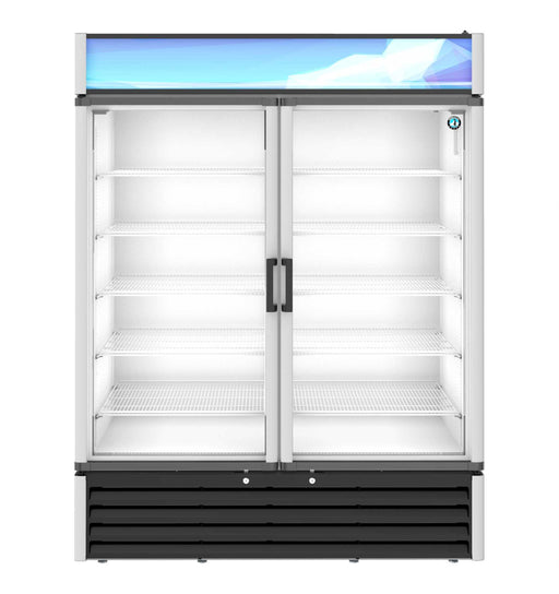 Hoshizaki RM-49-HC two-section glass door refrigerator merchandiser with shelves.