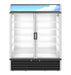 Hoshizaki RM-49-HC two-section glass door refrigerator merchandiser with shelves.