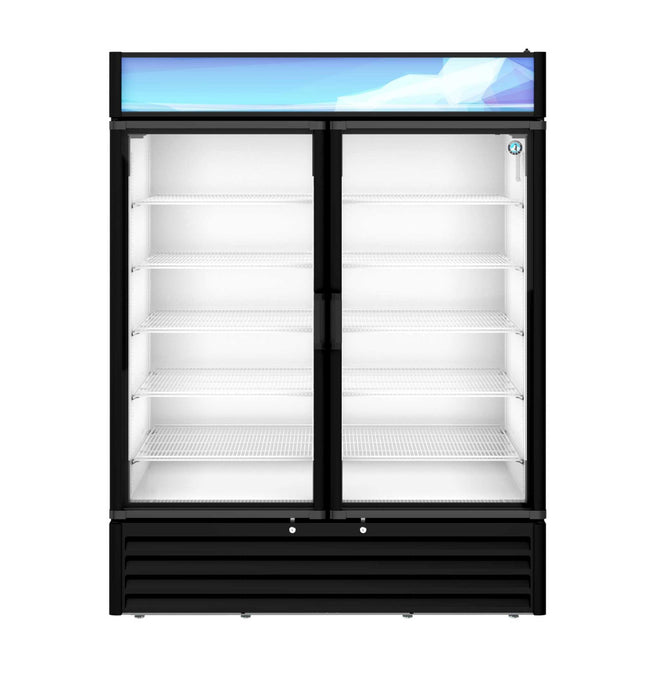 Hoshizaki RM-49-HC-BLK two-section glass door refrigerator with black exterior.