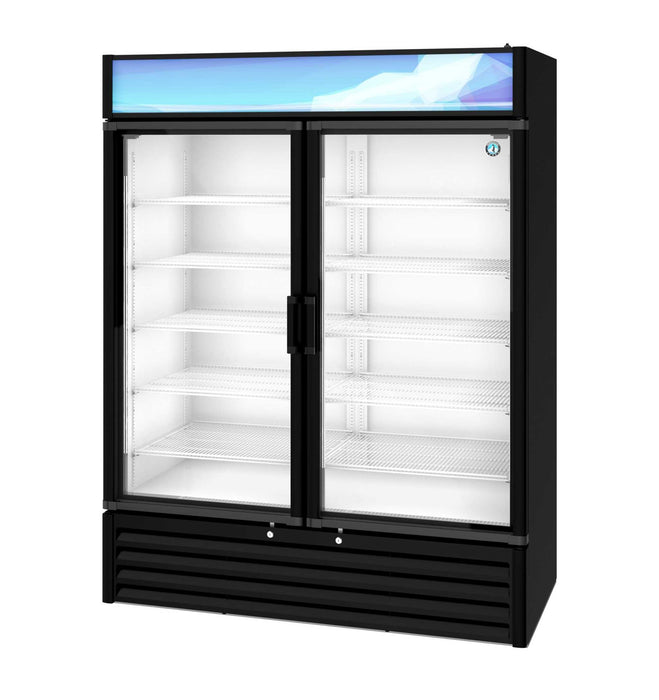 Hoshizaki RM-49-HC-BLK two-section glass door merchandiser refrigerator.