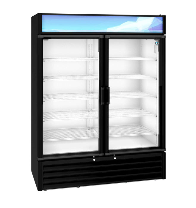 Hoshizaki RM-49-HC-BLK two-section glass door refrigerator merchandiser with LED lighting.