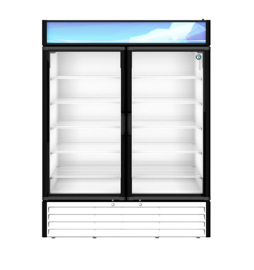 Hoshizaki RM-49-HC-WHT refrigerator with two section glass doors, energy-efficient LED lights, and white aluminum exterior.