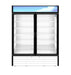 Hoshizaki RM-49-HC-WHT refrigerator with two section glass doors, energy-efficient LED lights, and white aluminum exterior.