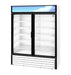 Hoshizaki RM-49-HC-WHT two-section glass door refrigerator merchandiser with white exterior.